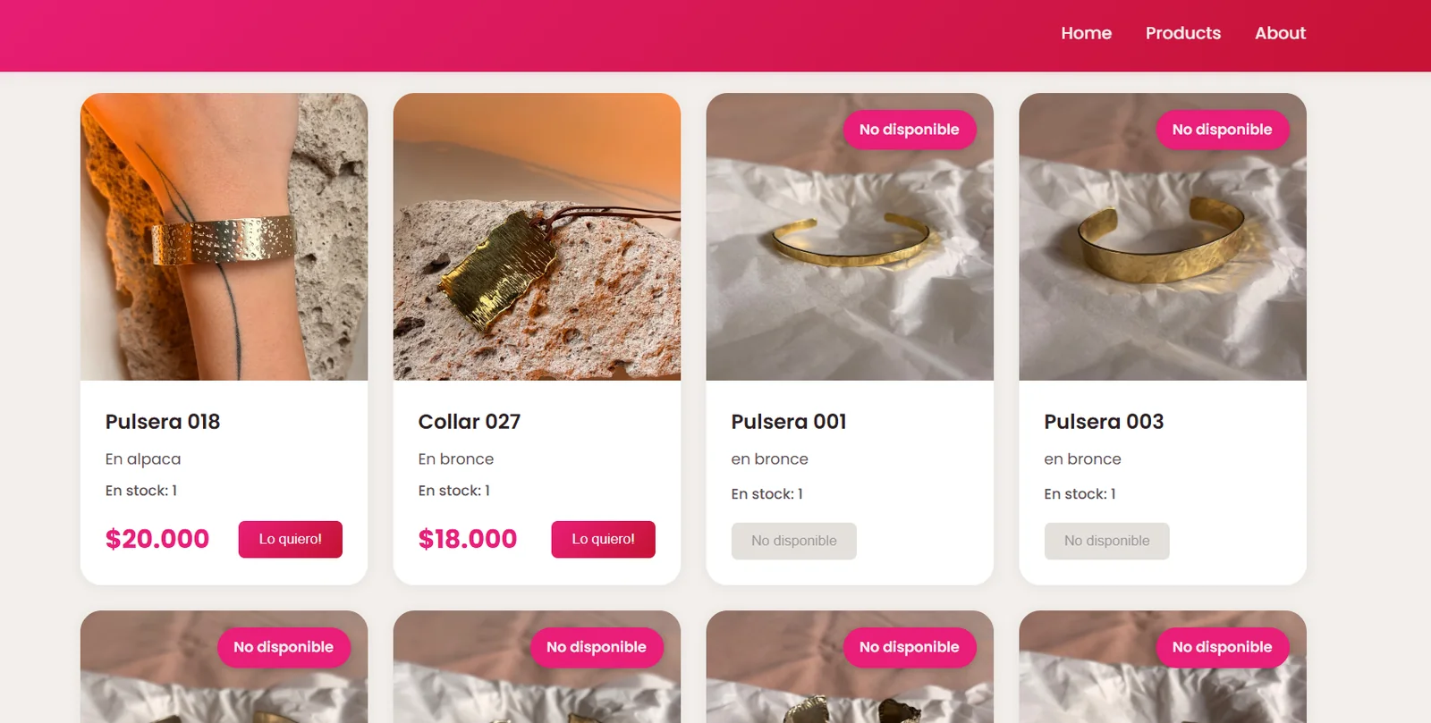 Catálogo con precios, stock y piezas no disponibles