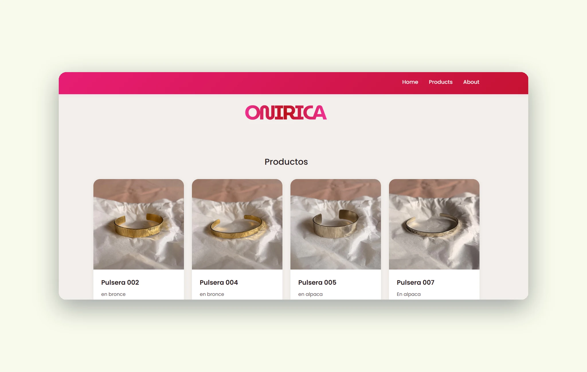 Home de Onirica con pulseras artesanales