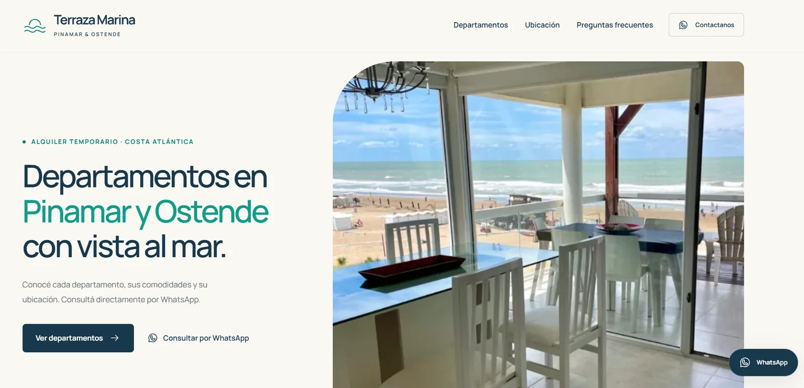 Portada del sitio: departamentos en Pinamar y Ostende con vista al mar