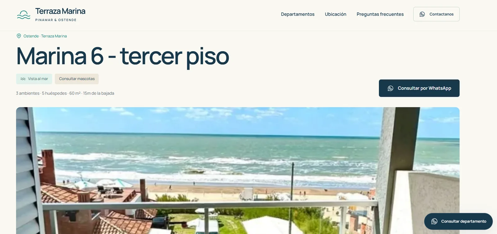 Ficha de un departamento con foto del balcón y datos clave