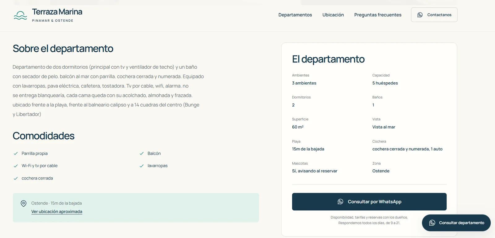 Descripción, comodidades y panel de datos del departamento