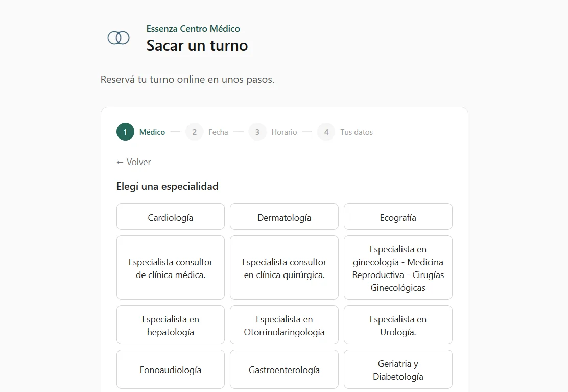 Lista de especialidades para elegir